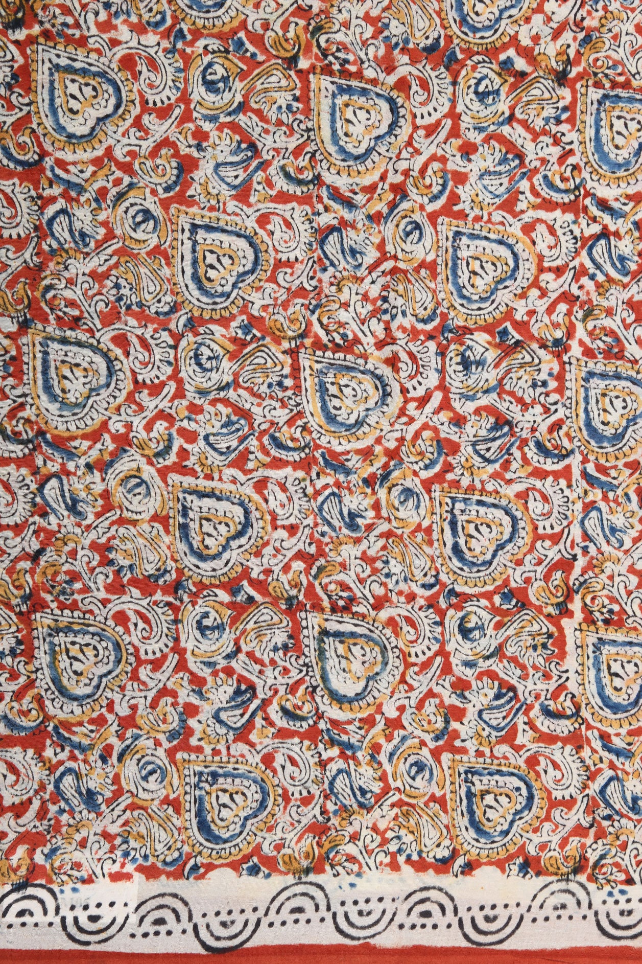 Heart Design Ochre Orange Kalamkari Printed Semi Silk Saree