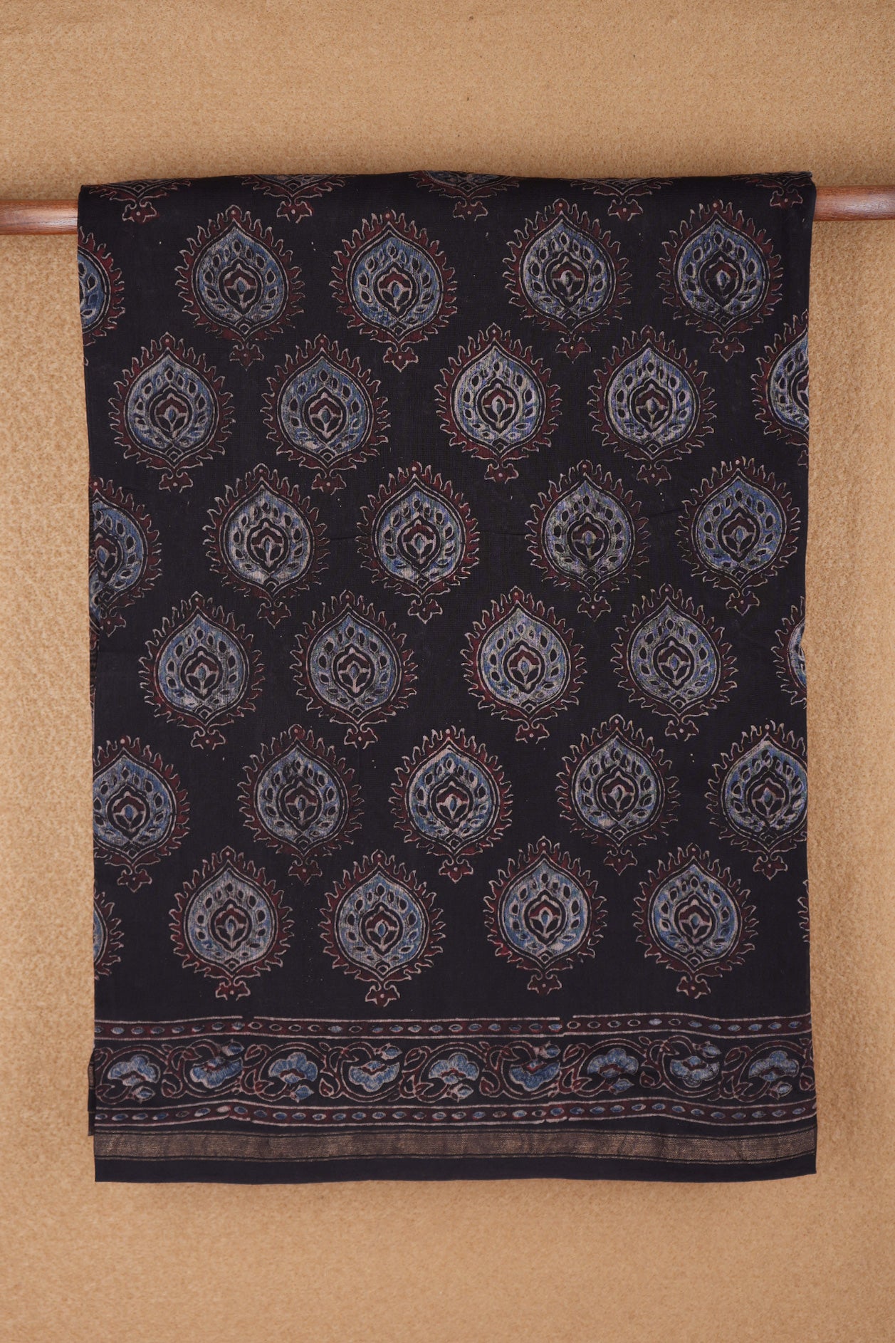 Allover Leaf Design Black Ajrakh Printed Chanderi Cotton Saree