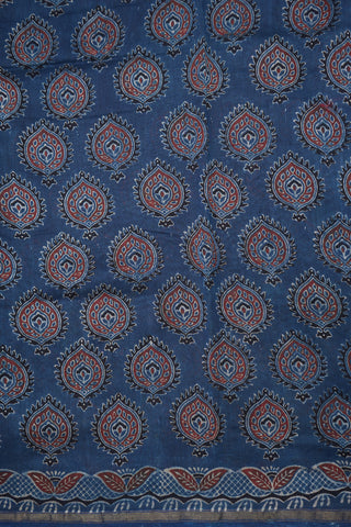 Allover Leaf Design Space Blue Ajrakh Printed Chanderi Cotton Saree