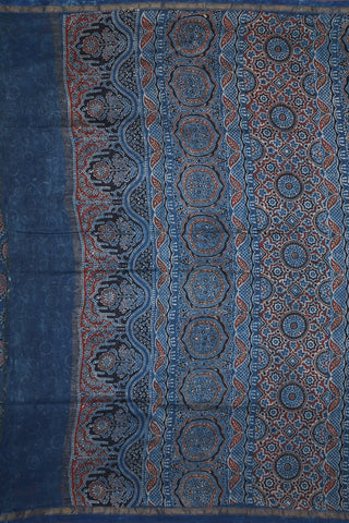 Allover Leaf Design Space Blue Ajrakh Printed Chanderi Cotton Saree