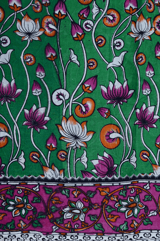 Allover Lotus Design Green Printed Kalamkari Cotton Saree