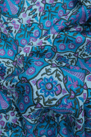 Allover Ogee Design Shades Of Blue Printed Silk Saree