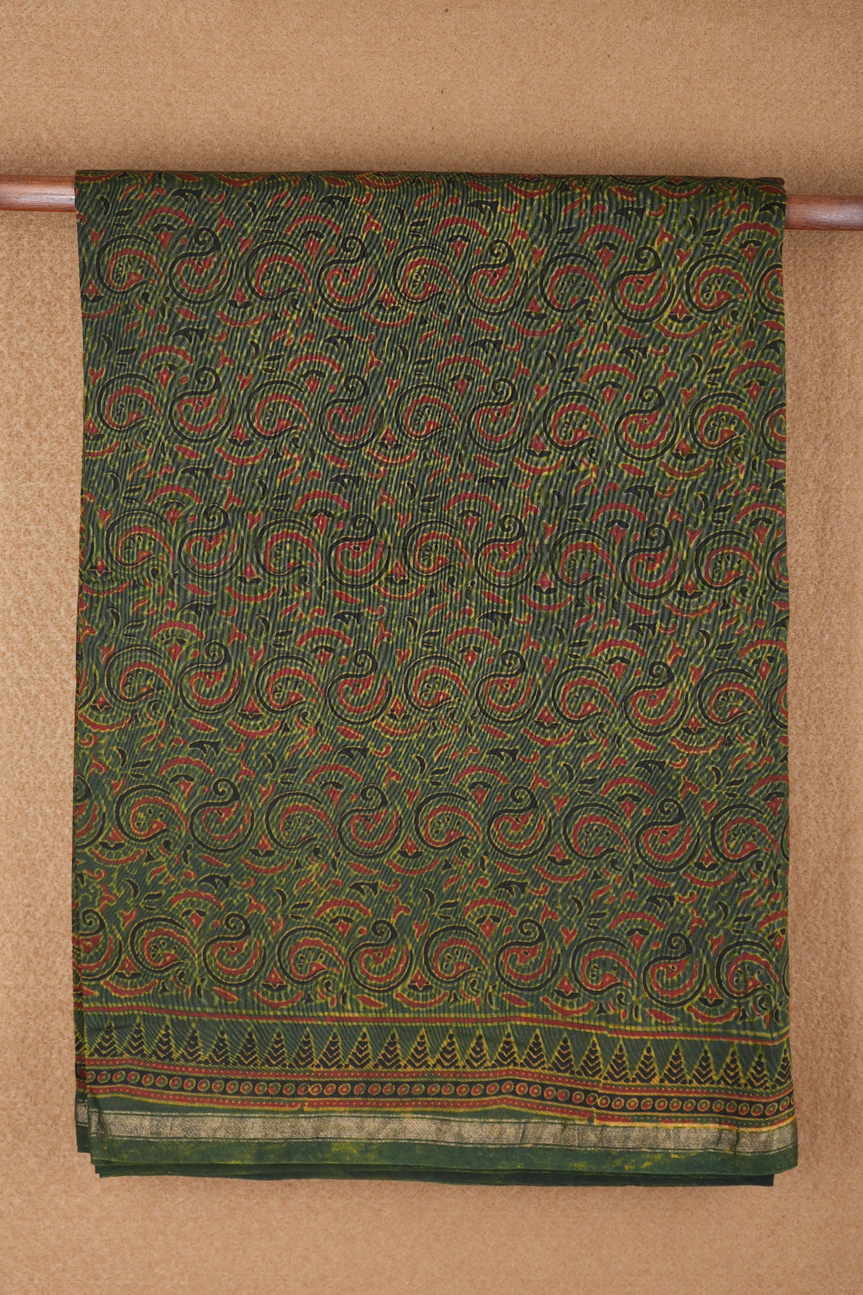 Allover Paisley Design Bottle Green Ajrakh Printed Chanderi Cotton Saree