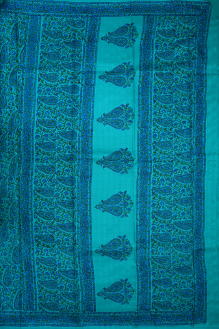 Allover Paisley Design Cerulean Blue Printed Silk Saree