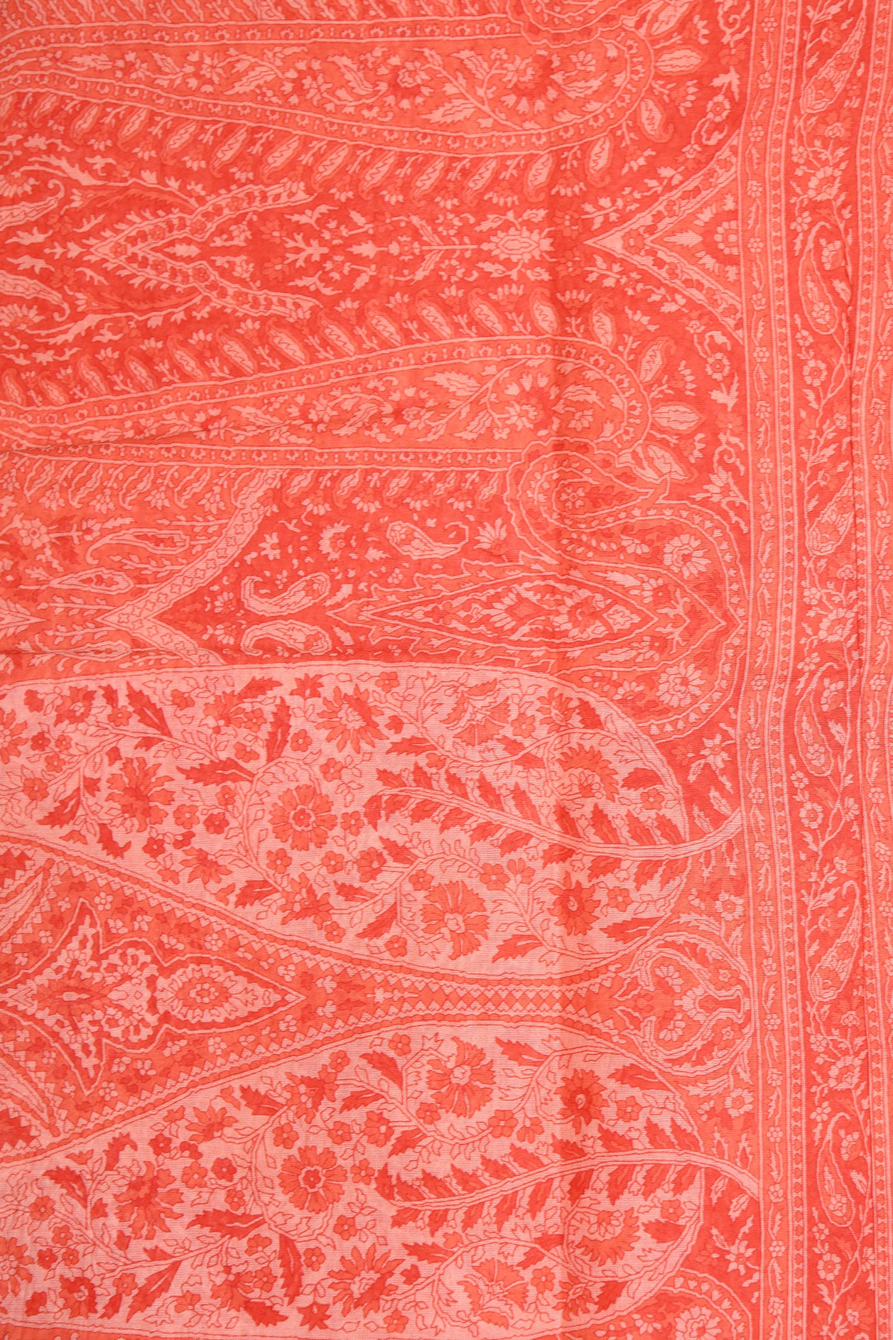 Allover Paisley Design Coral Orange Printed Ahmedabad Cotton Saree