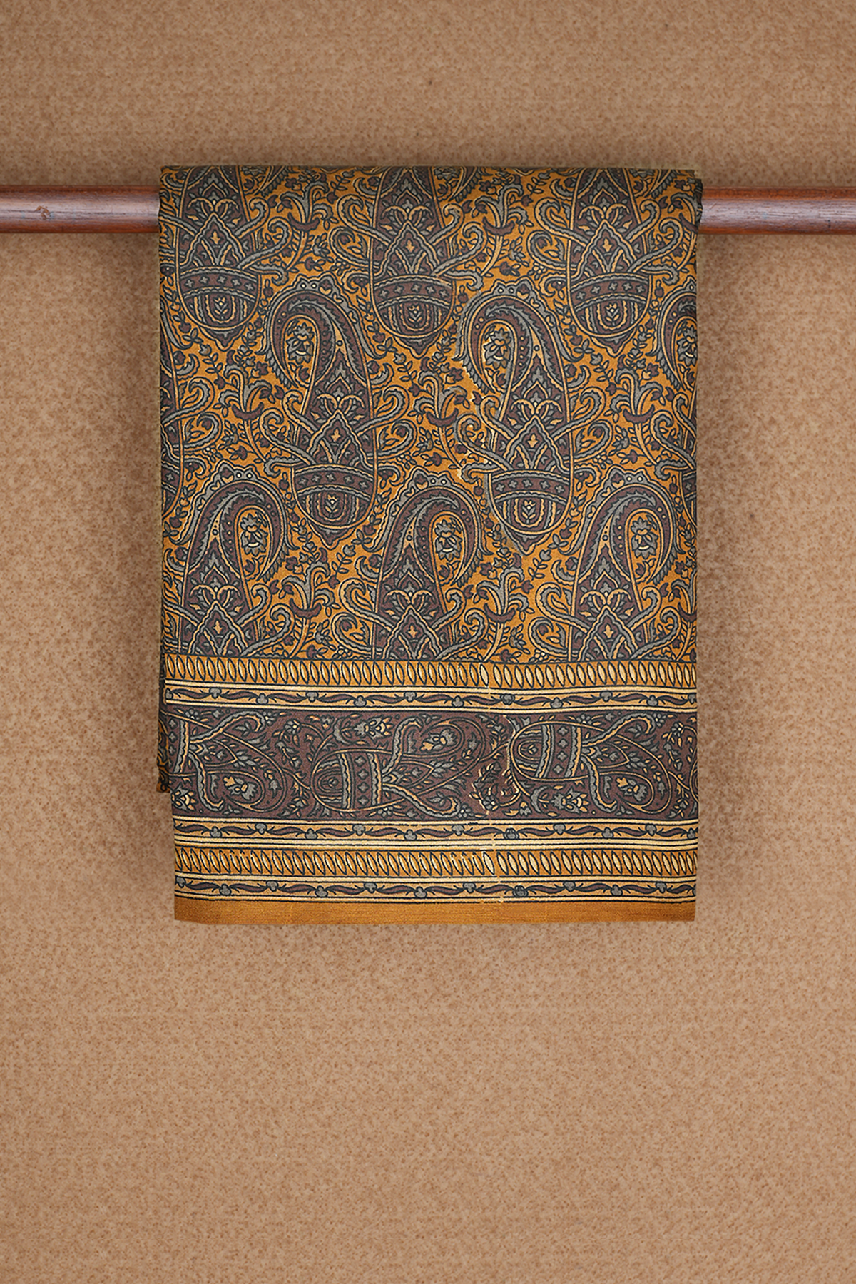 Allover Paisley Design Golden Brown Printed Silk Saree