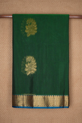 Paisley Zari Motifs Forest Green Kora Silk Cotton Saree