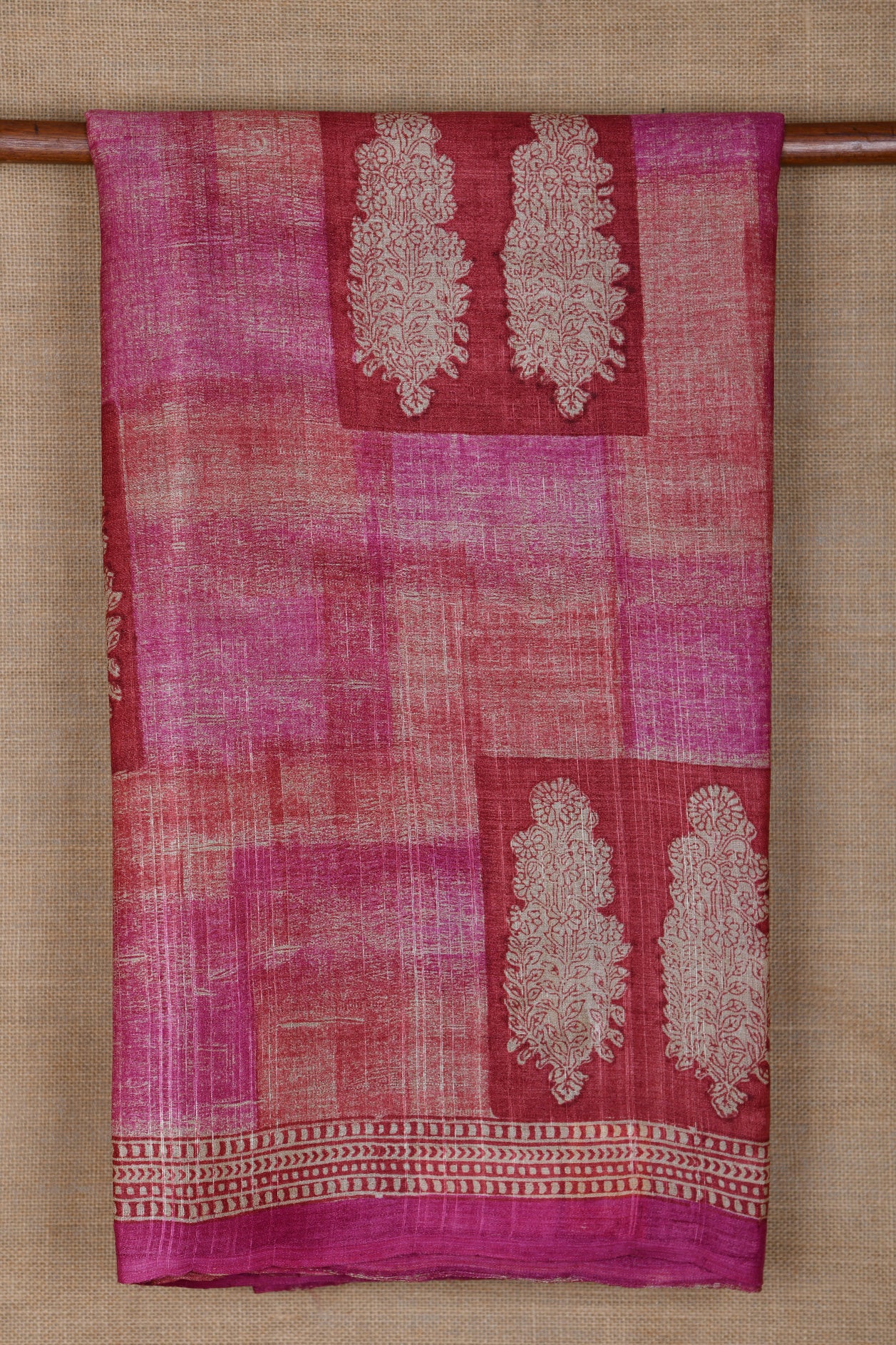 Box With Paisley Design Pink And Blush Red Tussar Silk Saree