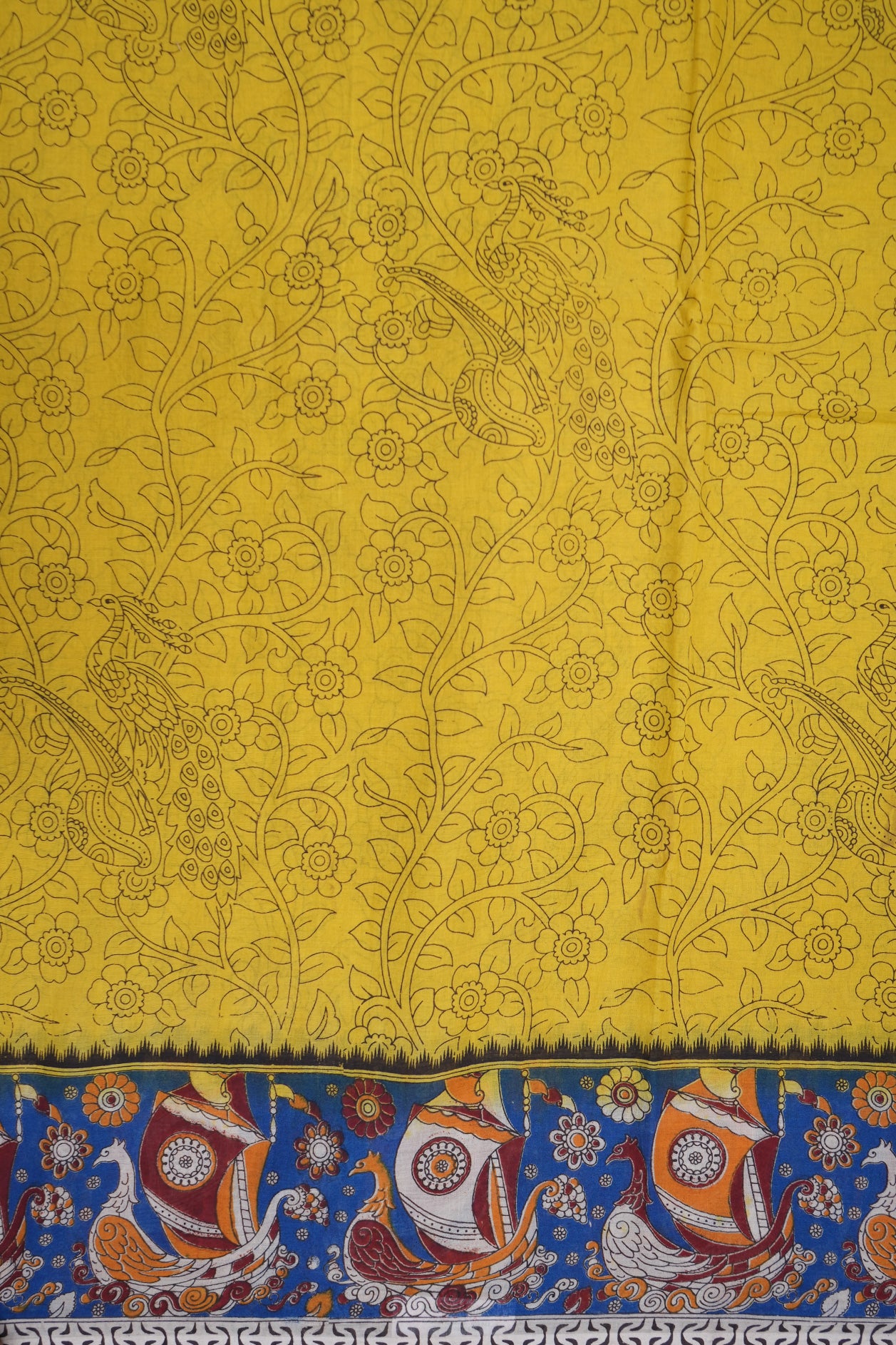 Allover Peacock And Floral Design Lemon Yellow Printed Kalamkari Cotton Saree