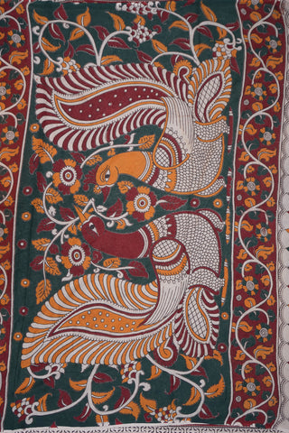 Allover Peacock And Floral Design Mango Yellow Printed Kalamkari Cotton Saree