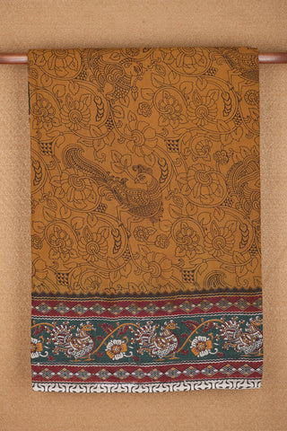 Allover Peacock And Floral Design Peanut Brown Printed Kalamkari Cotton Saree