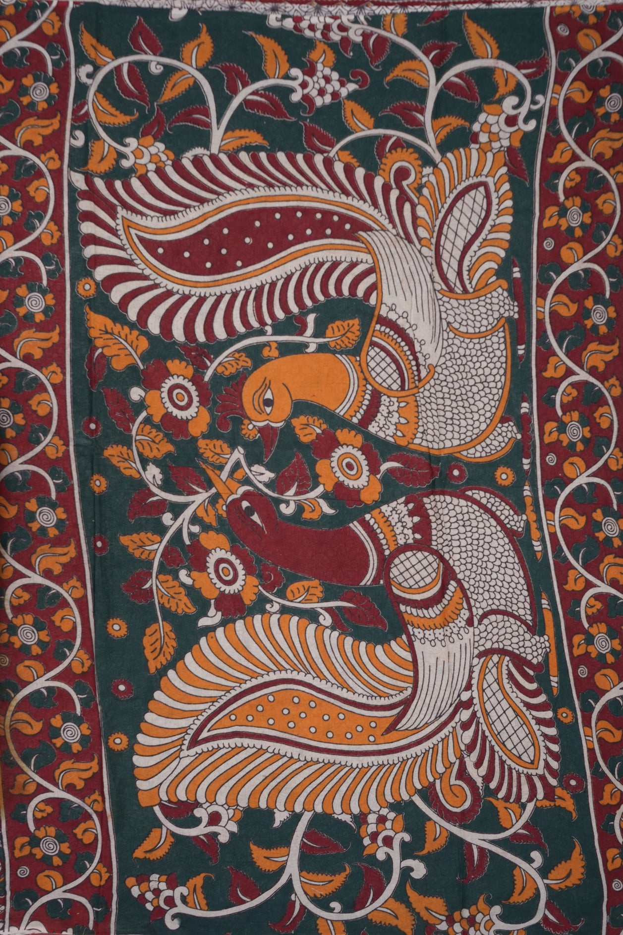 Allover Peacock And Floral Design Peanut Brown Printed Kalamkari Cotton Saree