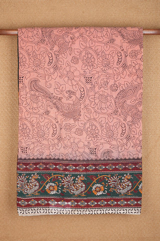 Allover Peacock And Floral Design Salmon Pink Printed Kalamkari Cotton Saree