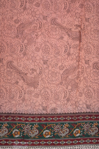 Allover Peacock And Floral Design Salmon Pink Printed Kalamkari Cotton Saree