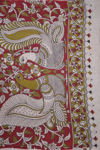 Allover Printed Design Brick Red Kalamkari Cotton Saree