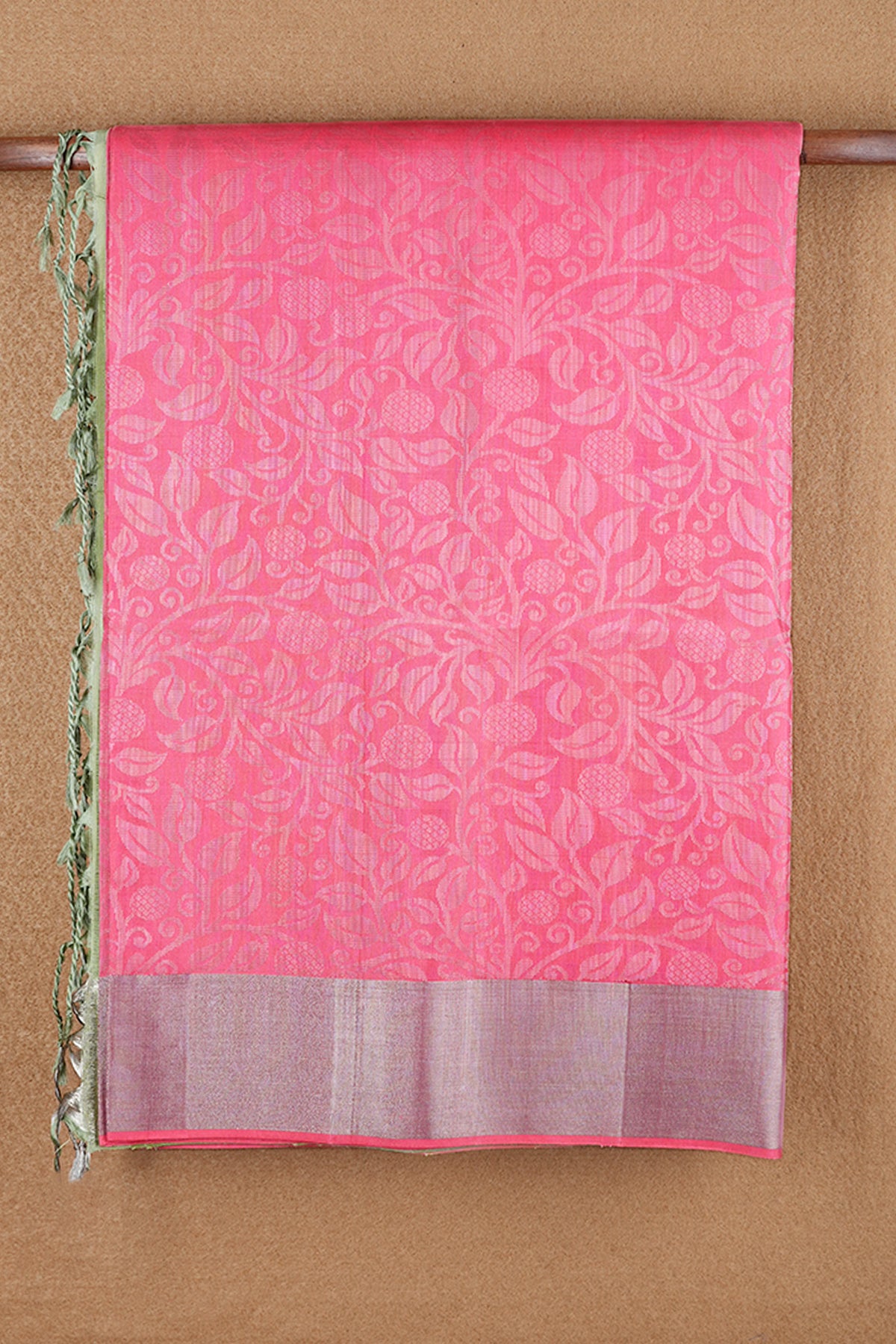 Allover Silver Zari Leaf Design Pink Soft Silk Saree