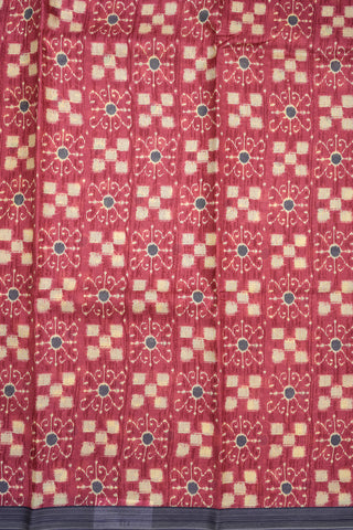 Allover Square Design Hibiscus Red Printed Silk Saree