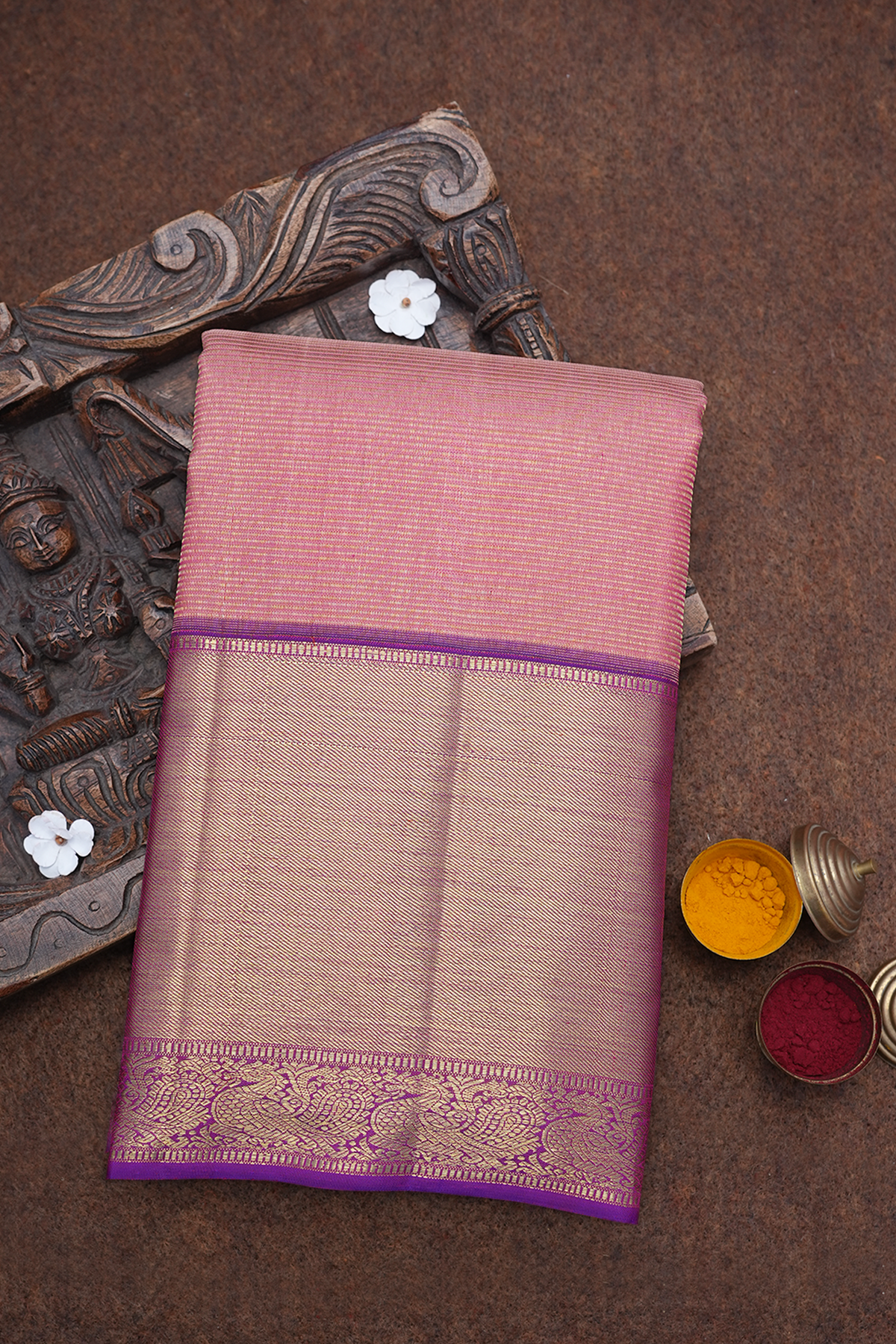 Allover Zari Stripes Onion Pink Kanchipuram Silk Saree