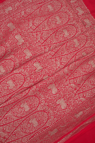 Animal Border Plain Chilli Red Georgette Banarasi Silk Saree