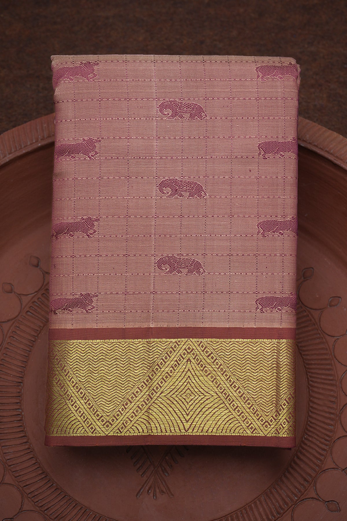 Animal Threadwork Motifs Rose Beige Kanchipuram Silk Saree