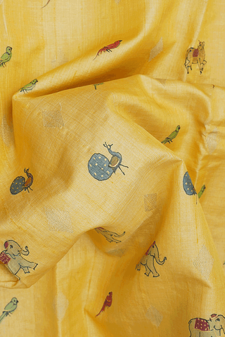 Hand Painted Animal And Bird Light Yellow Tussar Silk Saree