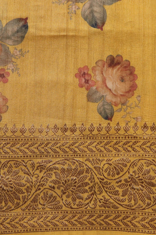 Antique Zari Border With Botanical Digital Printed Honey Yellow Tussar Silk Saree