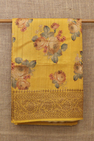 Antique Zari Border With Botanical Digital Printed Honey Yellow Tussar Silk Saree