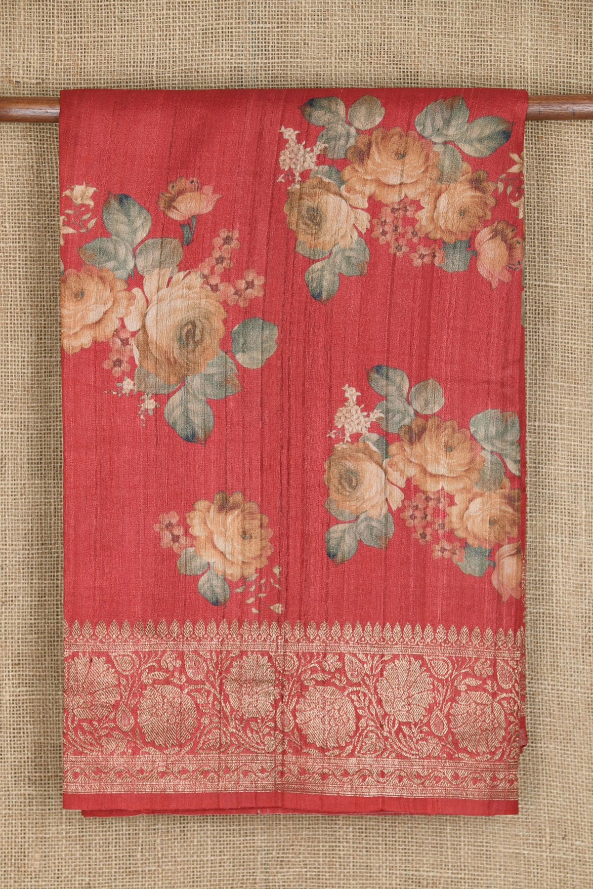 Antique Zari Border With Botanical Digital Printed Red Tussar Silk Saree