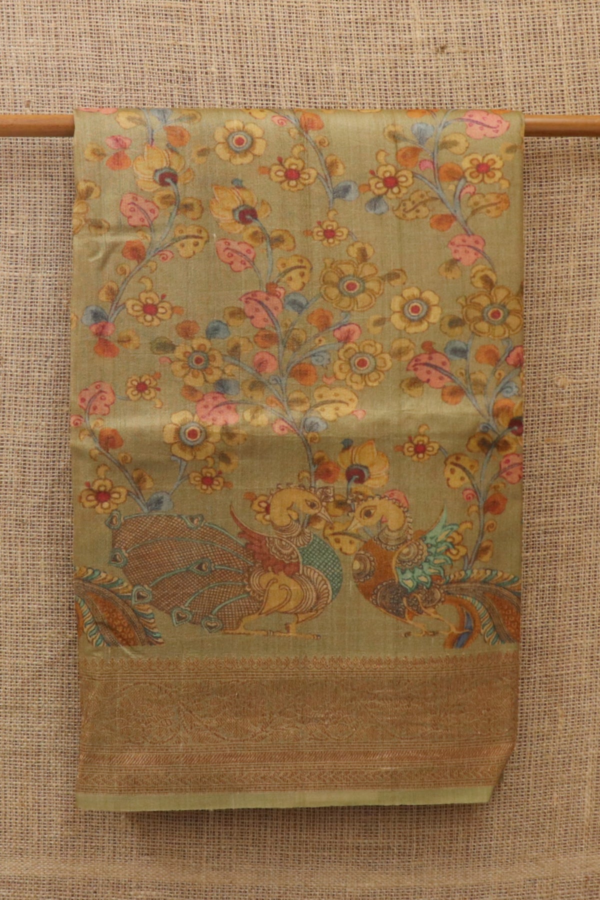 Antique Zari Border With Peacock And Floral Design Digital Printed Olive Green Tussar Silk Saree