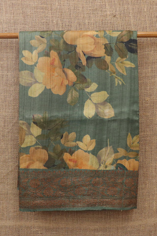 Antique Zari With Botanical Digital Printed Sage Green Tussar Silk Saree