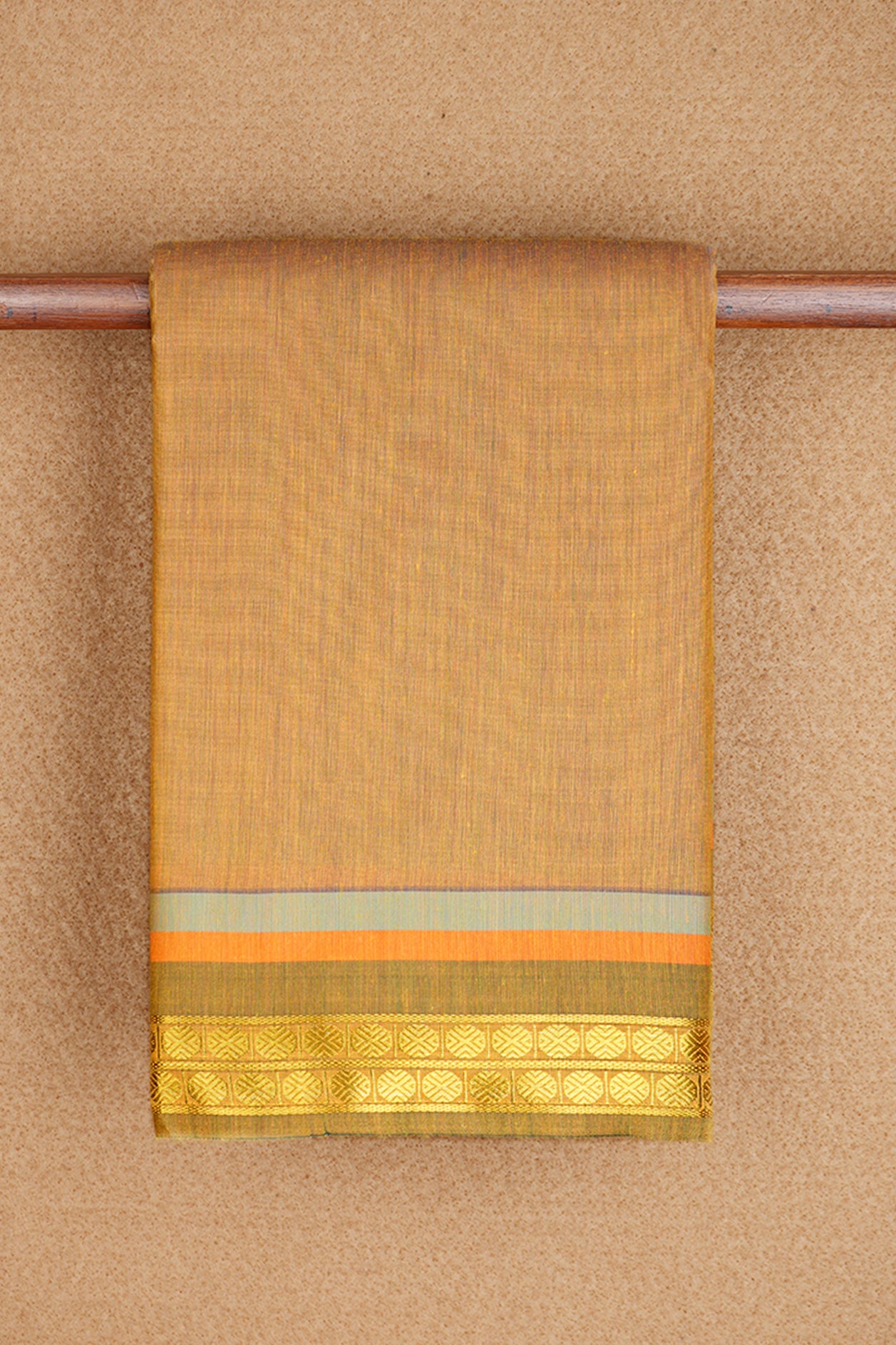 Gold Zari Chakaram Border With Plain Yellowish Beige Apoorva Semi Silk Saree