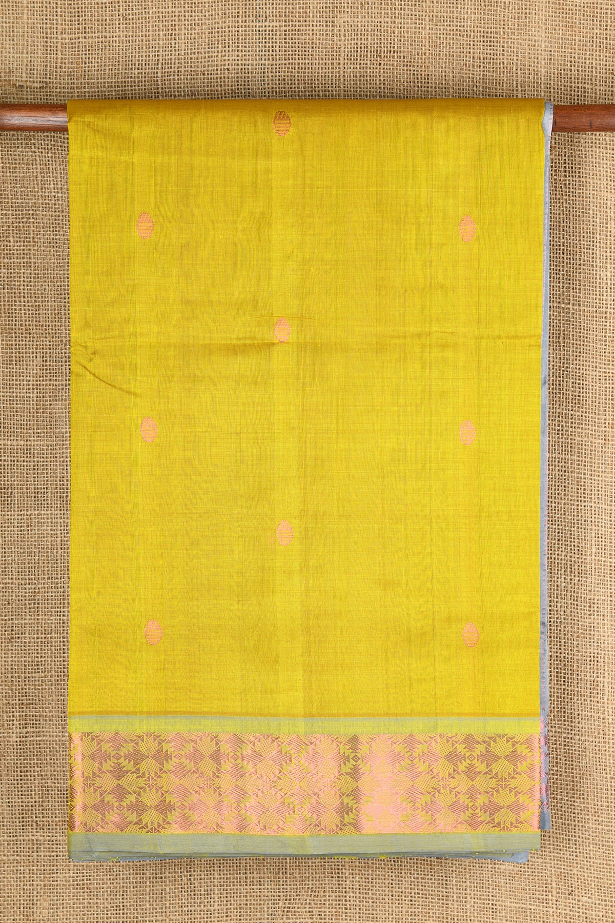 Arrow Copper Zari Border In Dots Butta Mustard Yellow Silk Cotton Saree