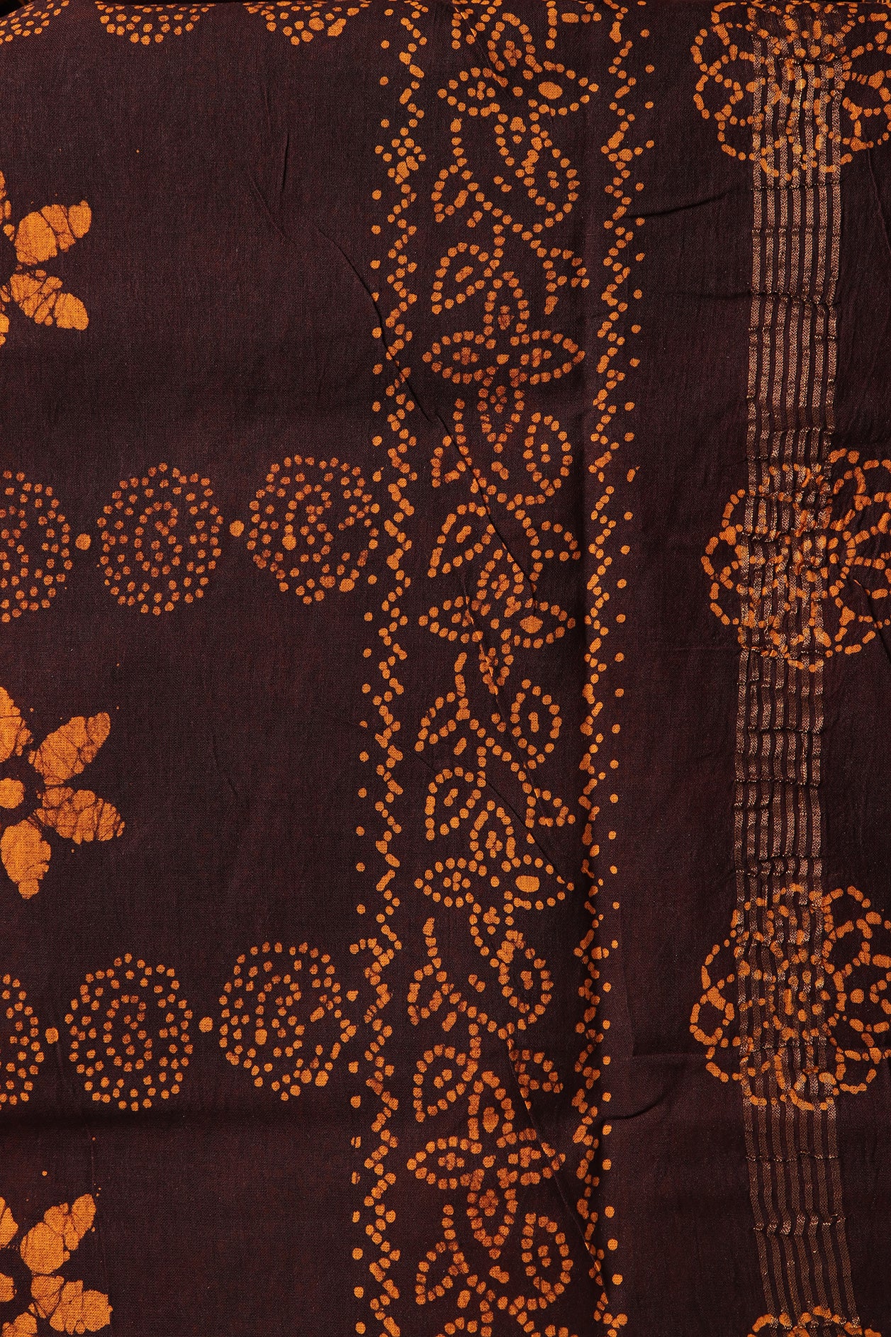 Batik Work Dark Coffee Brown And Orange Sungudi Cotton Saree