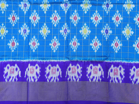 Bavanchi Border With Checks And Ikat Design Cerulean Blue Pochampally Silk Unstitched Pavadai Sattai Material