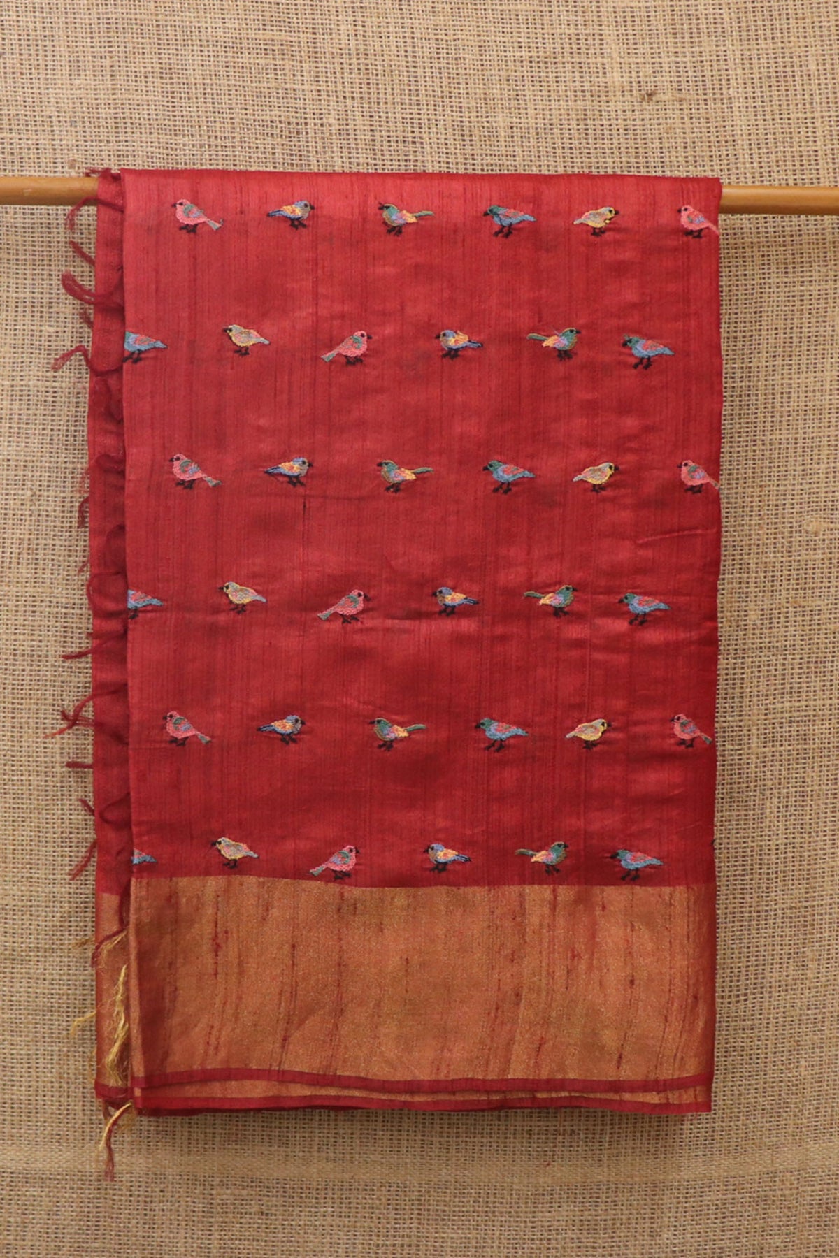 Bavanchi Border With Embroidered Birds Design Red Tussar Silk Saree