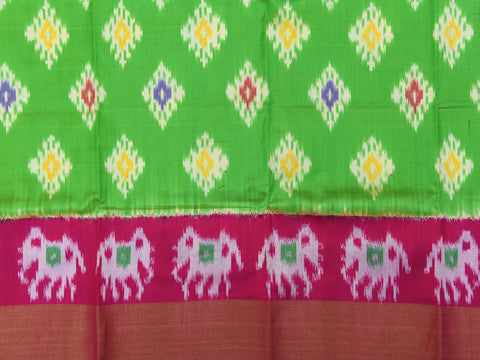 Bavanchi Border With Ikat Design Parrot Green Pochampally Silk Unstitched Pavadai Sattai Material