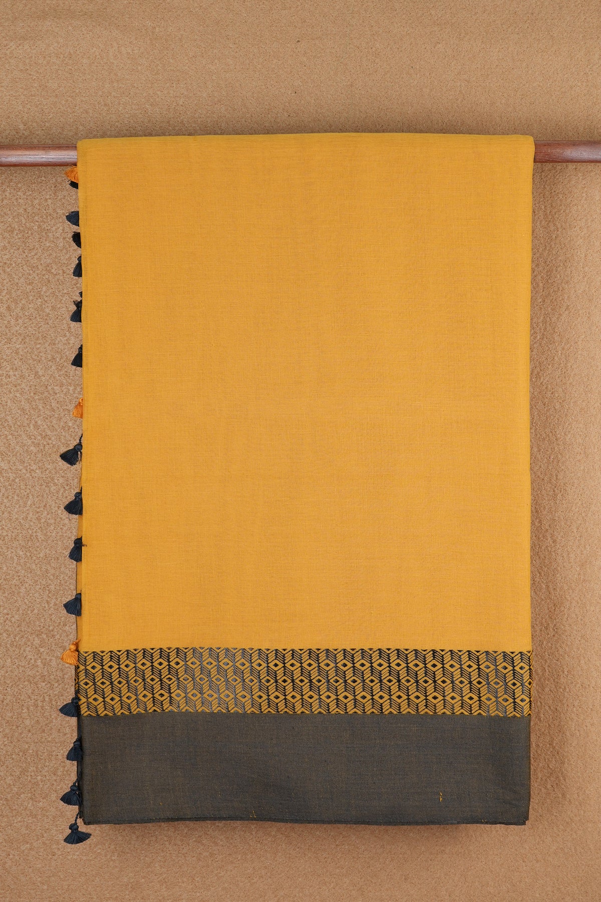 Arrow Design Threadwork Border Plain Mustard Yellow Bengal Cotton Saree