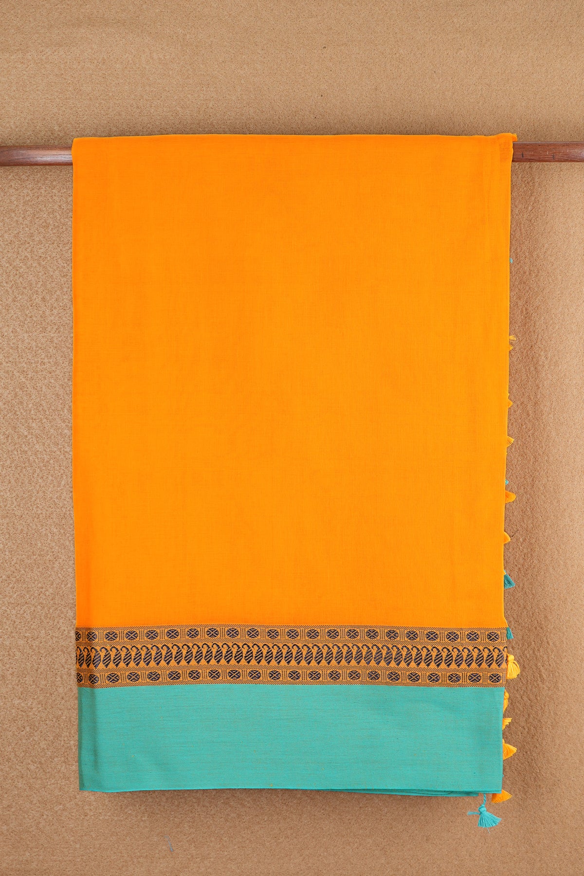 Chakaram And Paisley Threadwork Border Plain Mango Yellow Bengal Cotton Saree