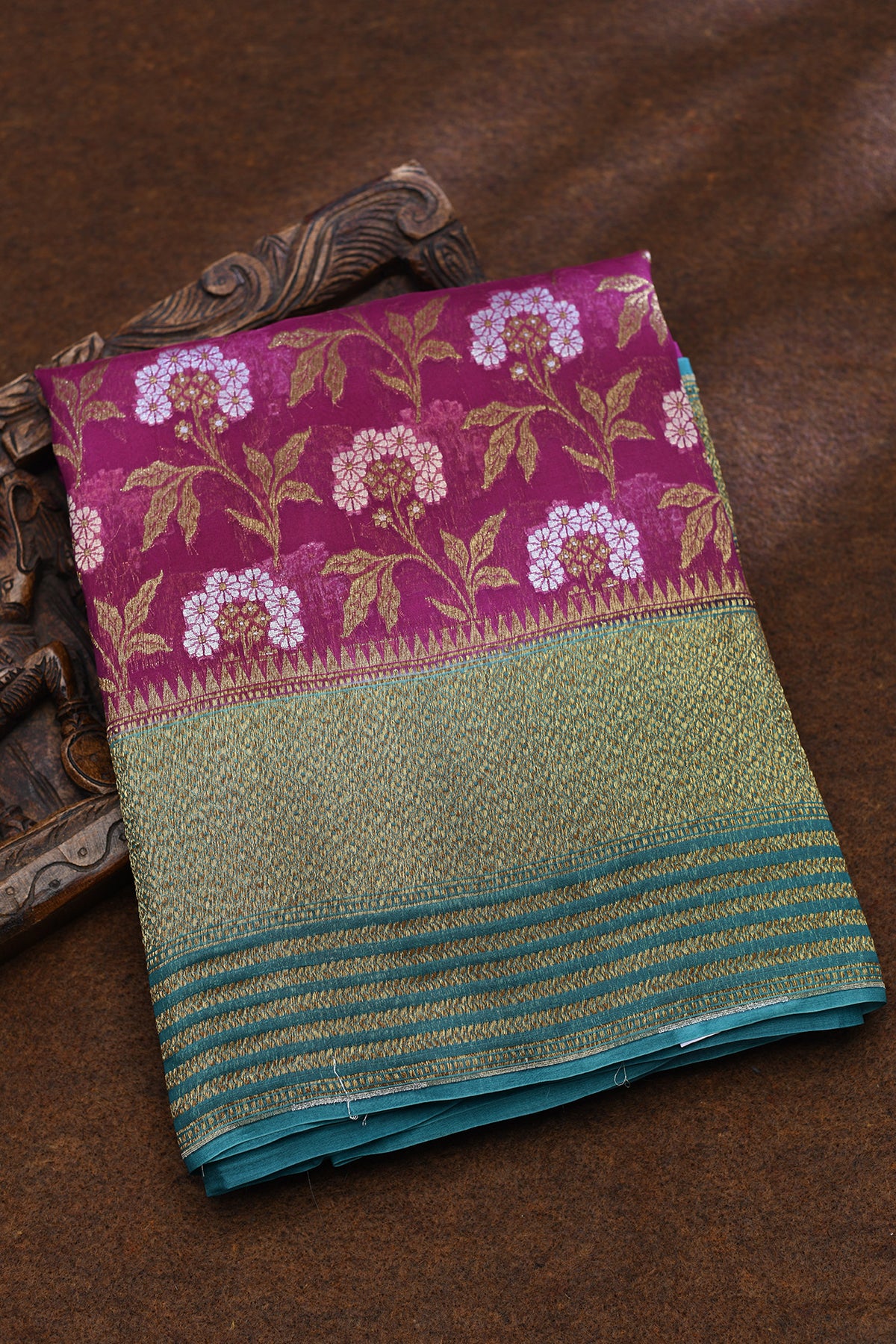 Big Antique Zari Border With Floral Design Magenta Purple Banaras Silk Saree