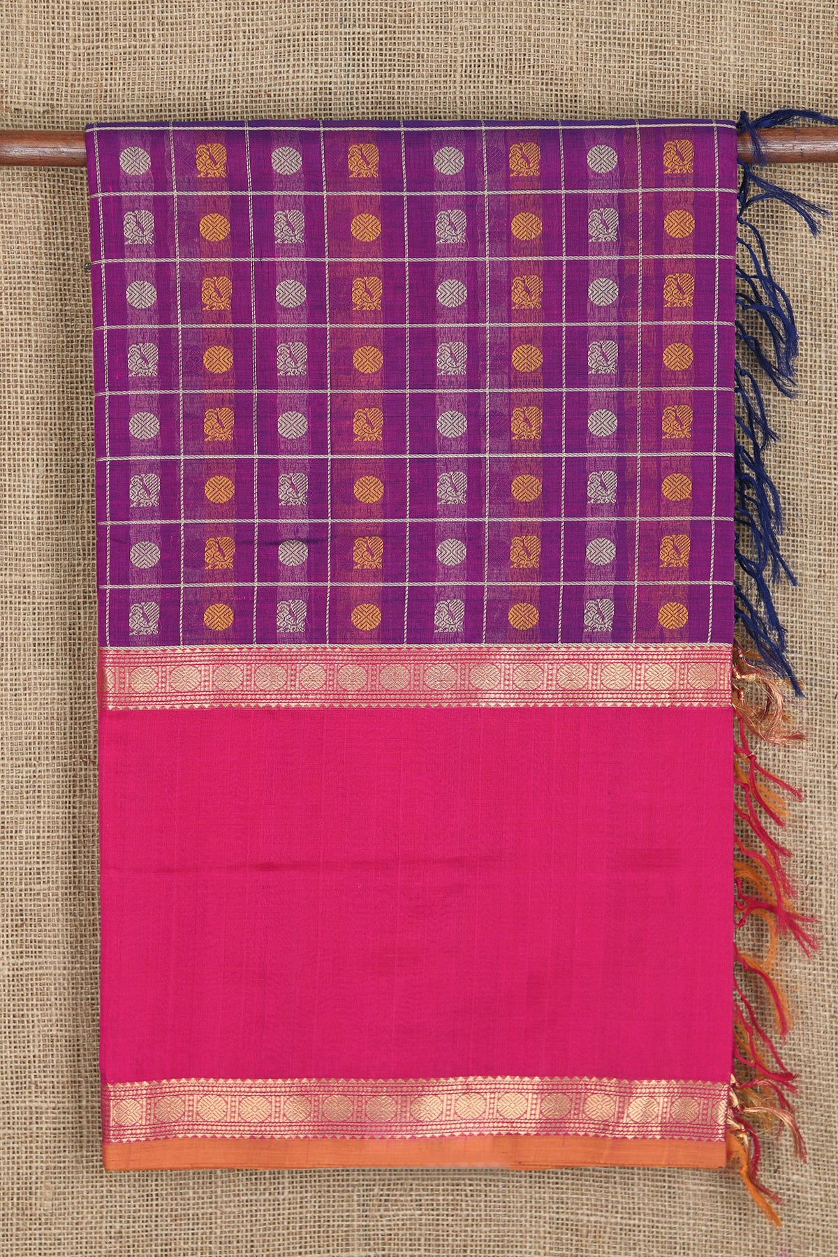 Big Zari Border With Checks And Thread Work Buttas Purple Silk Cotton Saree