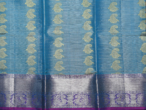 Big Border With Stripes And Paisley Butta Teal Blue Kanchipuram Silk Unstitched Pavadai Sattai Material