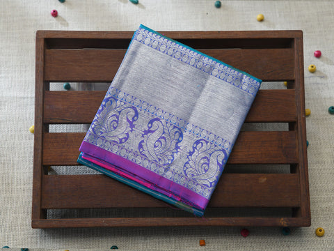 Big Border With Stripes And Paisley Butta Ramar Blue Kanchipuram Silk Unstitched Pavadai Sattai Material