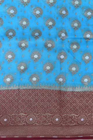Big Contrast Antique Zari Border With Floral Buttas Sky Blue Banaras Silk Saree