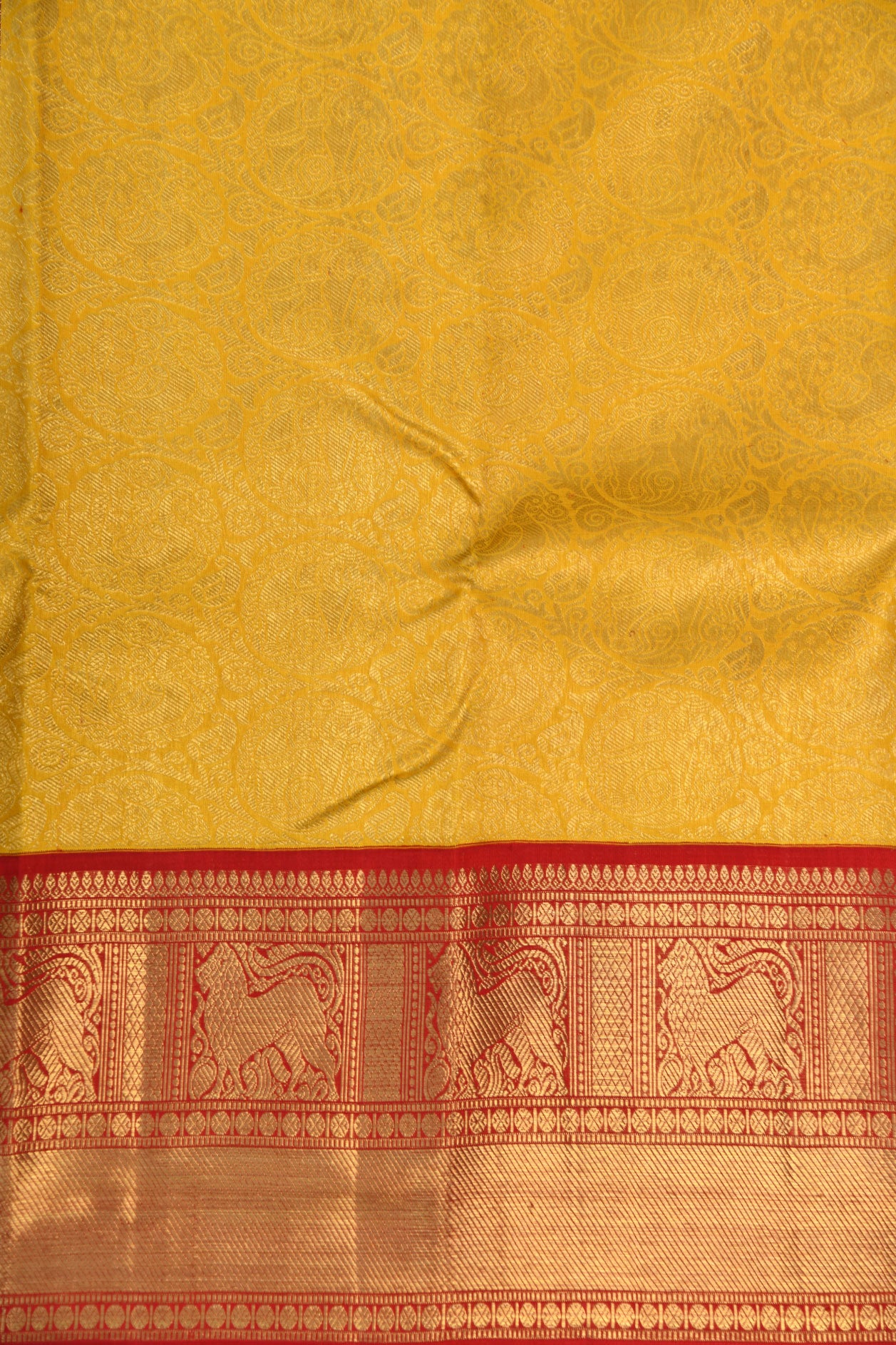 Big Contrast Border With Elephant And Peacock Design Yellow Kanchipuram Silk Saree