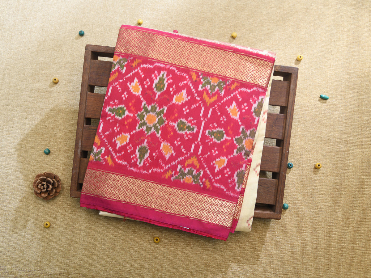 Big Contrast Border With Ikat Design Cream Color Pochampally Silk Unstitched Pavadai Sattai Material