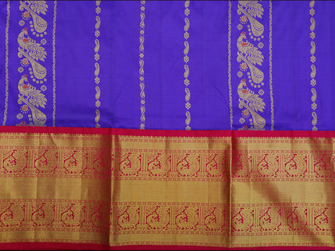 Big Contrast Border With Peacock Zari Butta Indigo Blue Kanchipuram Silk Unstitched Pavadai Sattai Material