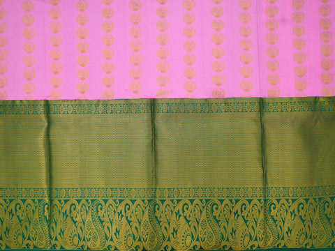 Big Contrast Korvai Border With Peacock Motif Rose Pink Silk Pavadai Sattai Material