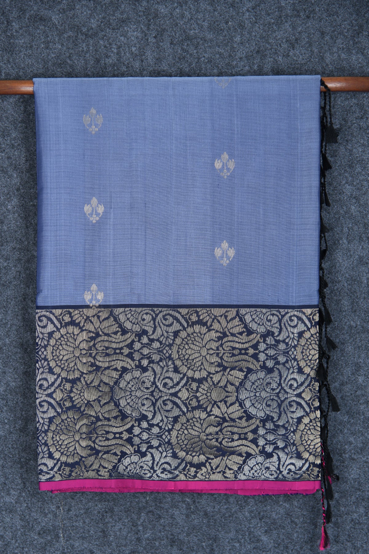 Big Contrast Zari Border In Buttas Slate Blue Soft Silk Saree