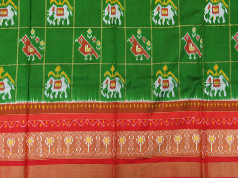 Big Contrast Zari Border With Checks And Ikat Design Green Pochampally Silk Unstitched Pavadai Sattai Material