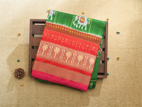 Big Contrast Zari Border With Checks And Ikat Design Green Pochampally Silk Unstitched Pavadai Sattai Material